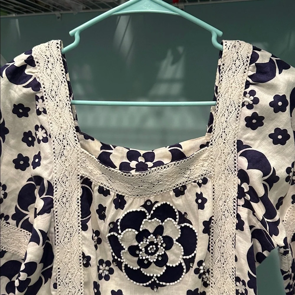 Tory Burch Cream and Navy beaded Floral Blouse - Picture 4 of 6